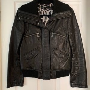DKNY Genuine Black Leather Jacket Coat - Size S